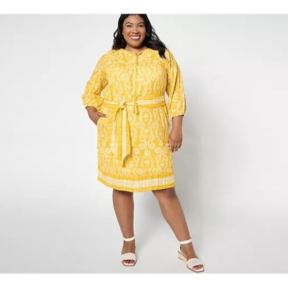 Studio Park Amy Stran Dress Womens 2X Yellow Textured Cotton Belted Lined Boho - Picture 2 of 16